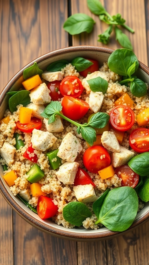 A nutritious quinoa chicken bowl with colorful vegetables on a rustic table.